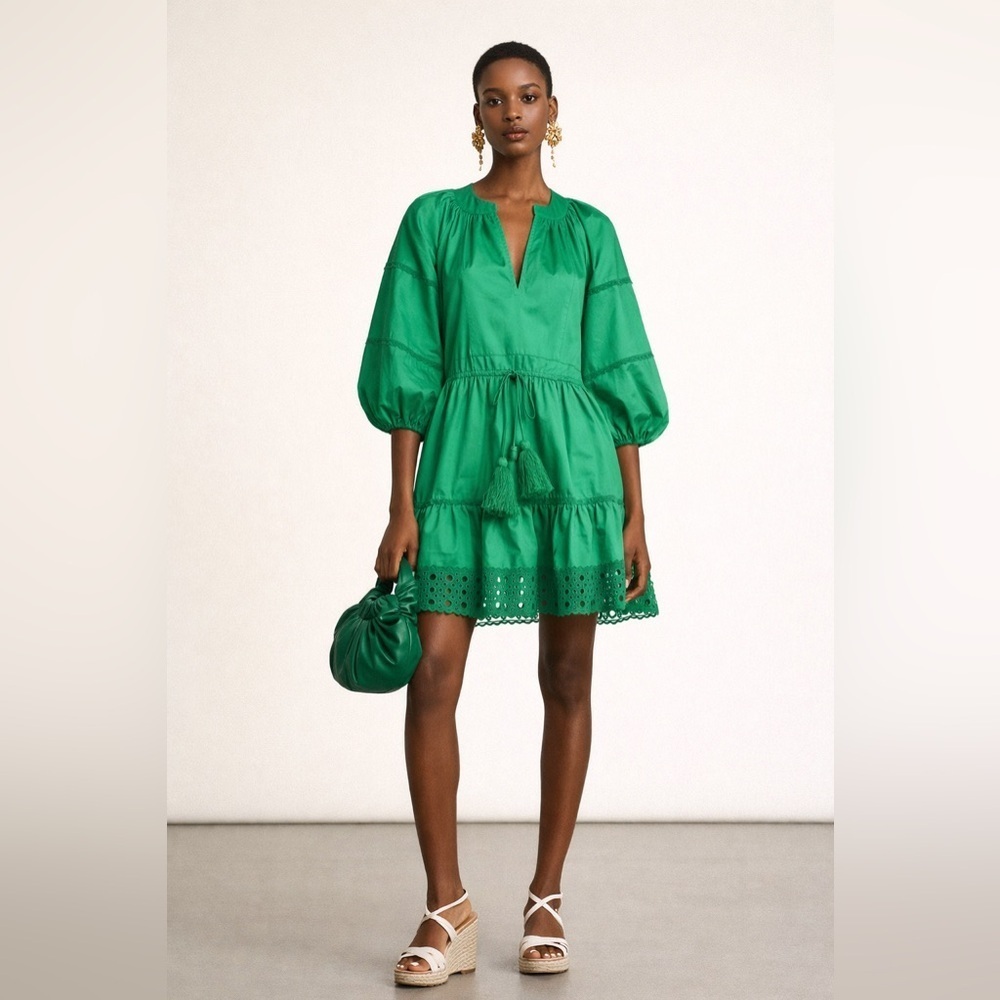 Alexis green “Daksha” mini dress with eyelet trim at hem and balloon sleeves. XS - Picture 2 of 9